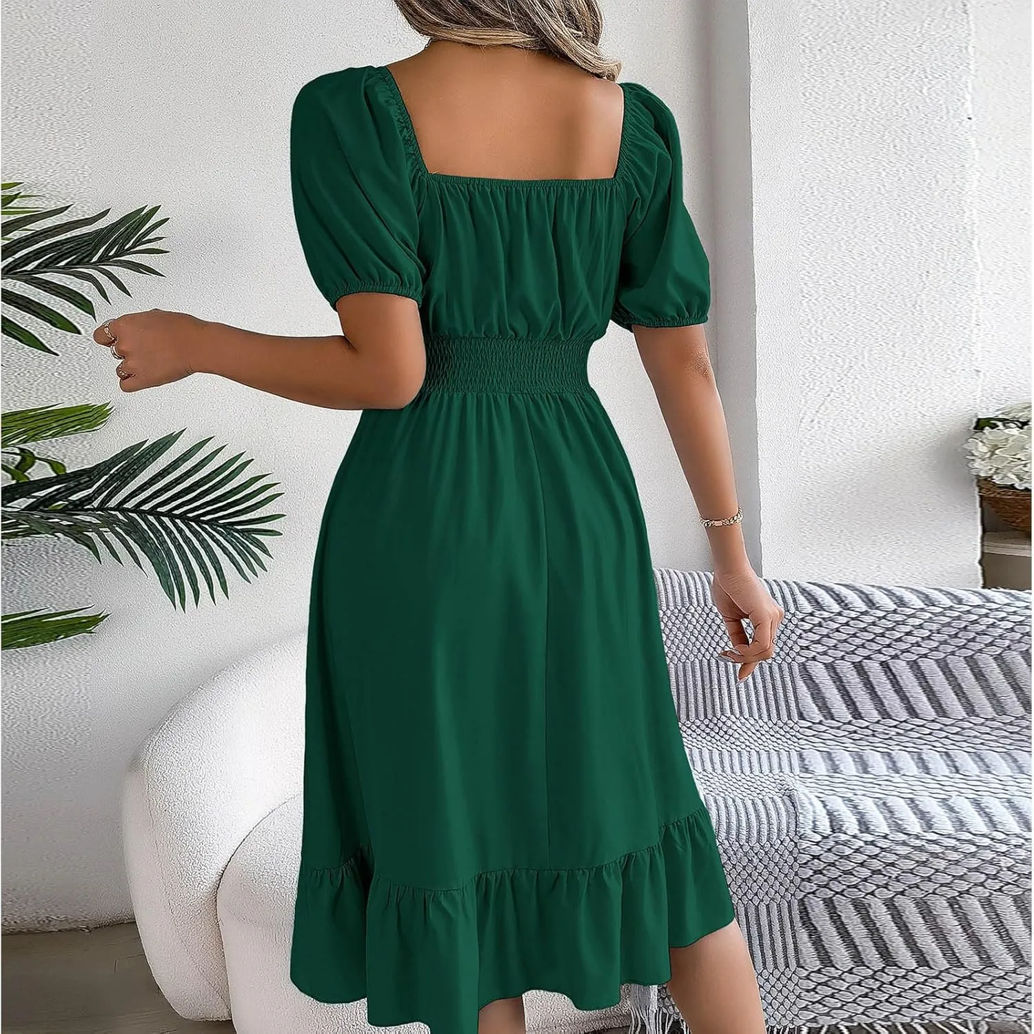 Womens Summer Dresses Short Sleeve Casual Swing Dress Elegant Square Neck Empire Waist Ruffle Sundress 2024