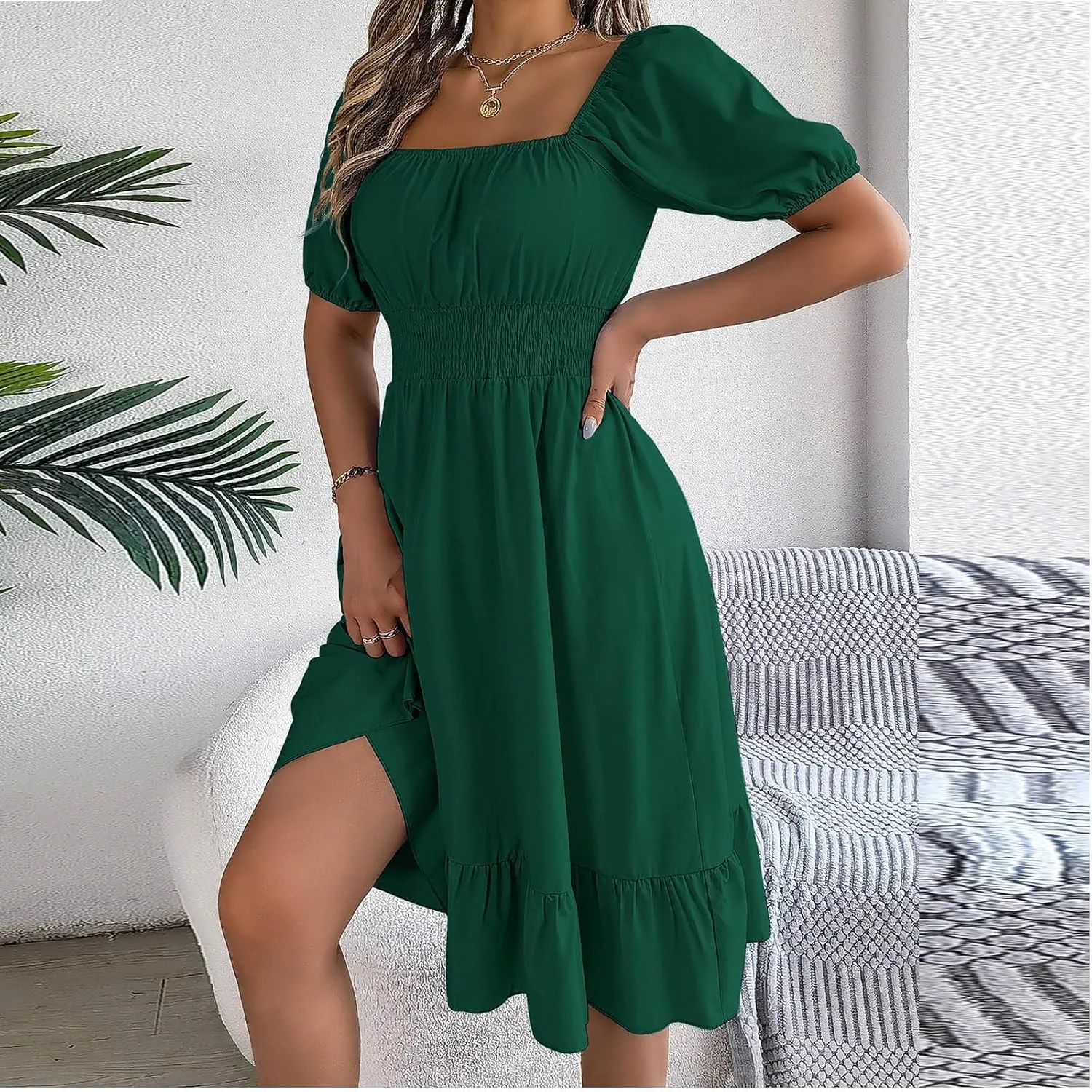 Womens Summer Dresses Short Sleeve Casual Swing Dress Elegant Square Neck Empire Waist Ruffle Sundress 2024