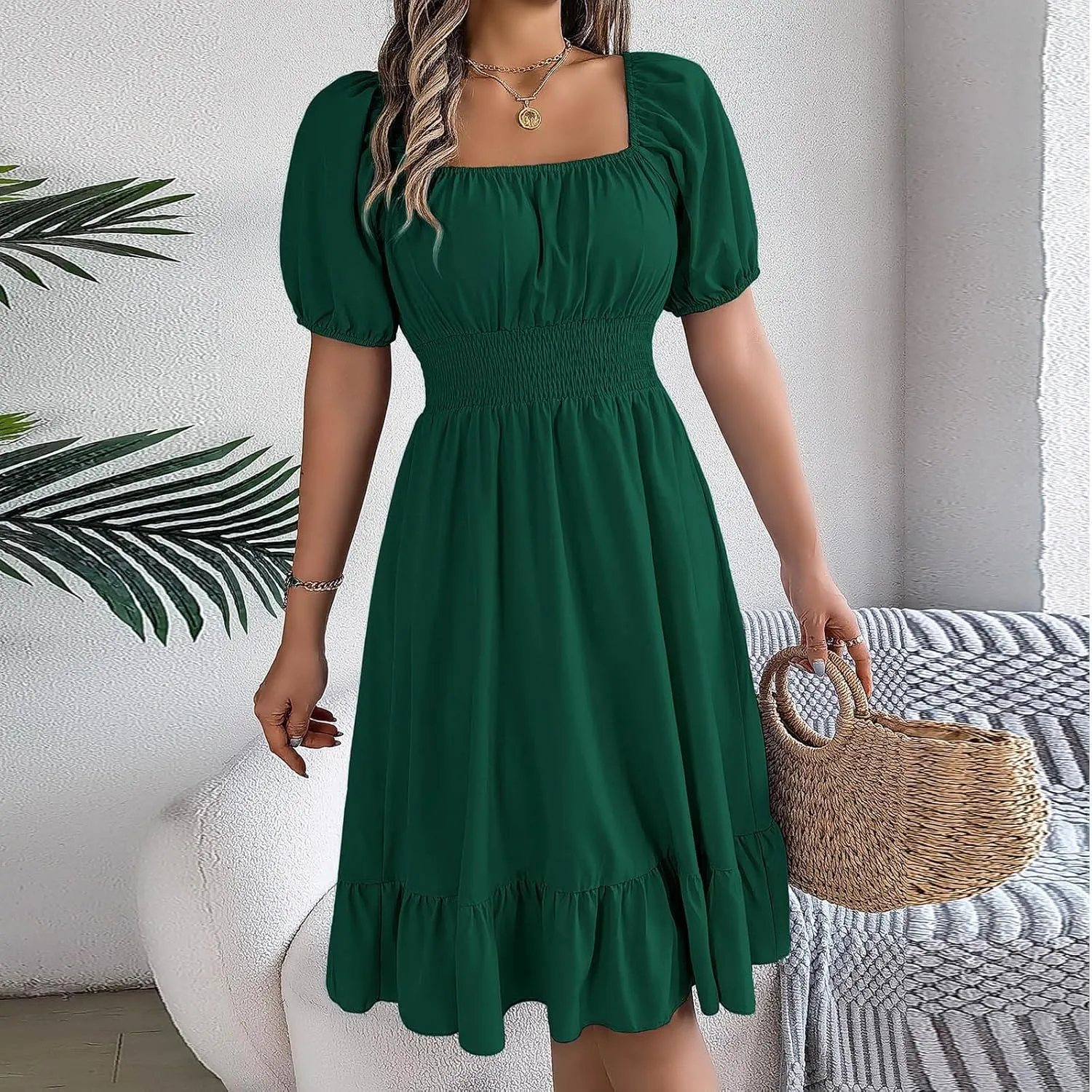 Womens Summer Dresses Short Sleeve Casual Swing Dress Elegant Square Neck Empire Waist Ruffle Sundress 2024