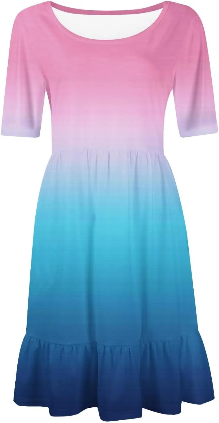 Womens Summer Dresses Short Sleeve O Neck Pleated Swing Mini Dress Solid Color Ruffle Hem Beach Vacation Sundress