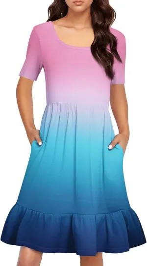 Womens Summer Dresses Short Sleeve O Neck Pleated Swing Mini Dress Solid Color Ruffle Hem Beach Vacation Sundress