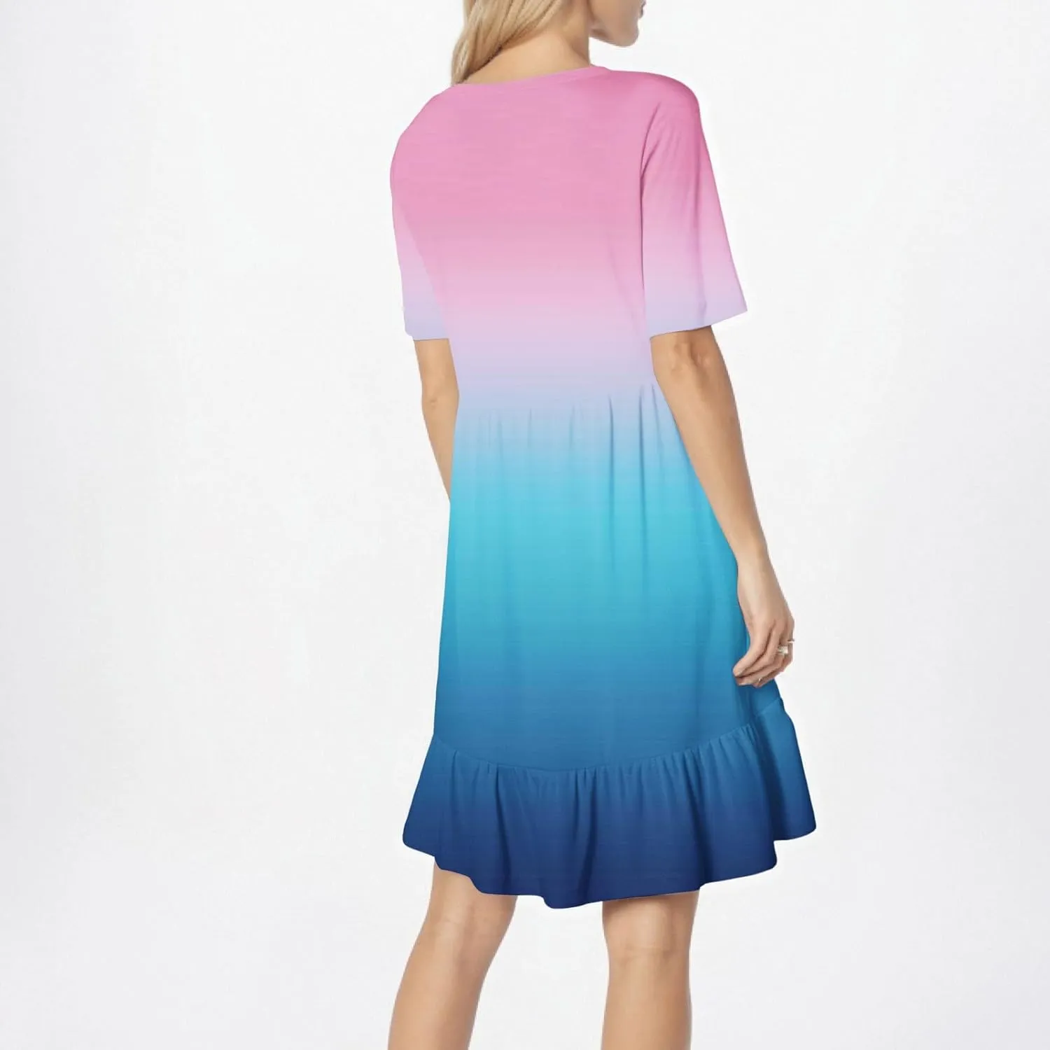 Womens Summer Dresses Short Sleeve O Neck Pleated Swing Mini Dress Solid Color Ruffle Hem Beach Vacation Sundress
