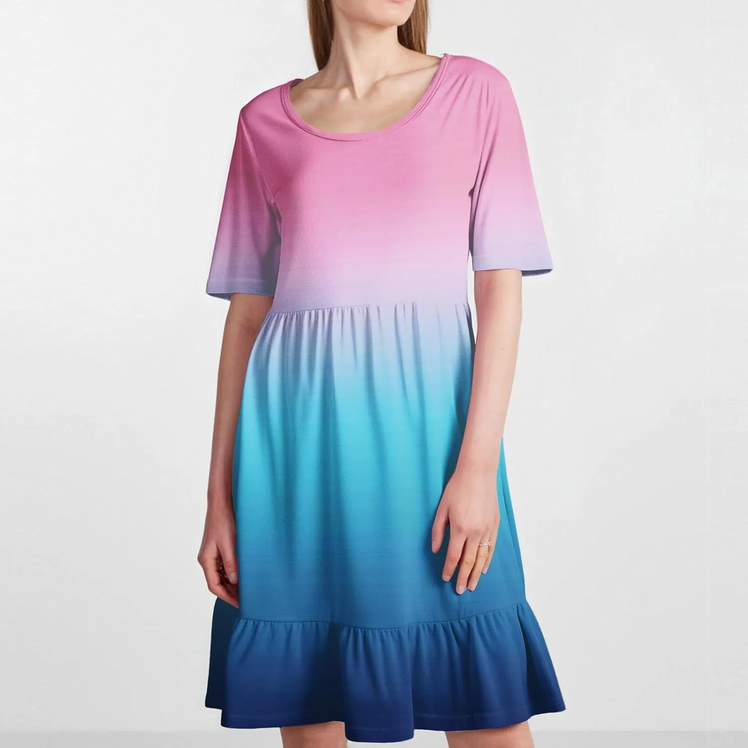 Womens Summer Dresses Short Sleeve O Neck Pleated Swing Mini Dress Solid Color Ruffle Hem Beach Vacation Sundress