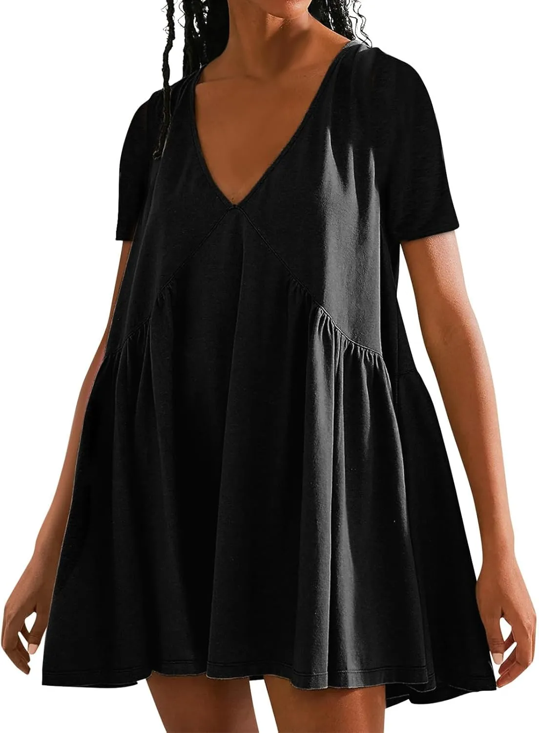 Womens Summer Dresses V-Neck Short Sleeve Oversized Mini Dress Casual Waist Elegant Pleated Beach Sundress 2025