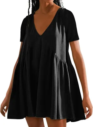 Womens Summer Dresses V-Neck Short Sleeve Oversized Mini Dress Casual Waist Elegant Pleated Beach Sundress 2025