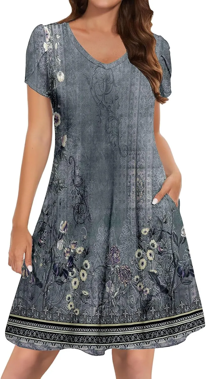 Women's Summer Floral Dresses 2025 Short Sleeve Beach Sundress Crew Neck Casual Flowy A-Line Dresses with Pocket