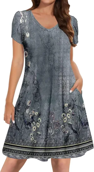 Women's Summer Floral Dresses 2025 Short Sleeve Beach Sundress Crew Neck Casual Flowy A-Line Dresses with Pocket