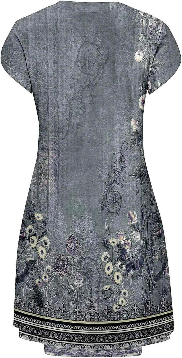 Women's Summer Floral Dresses 2025 Short Sleeve Beach Sundress Crew Neck Casual Flowy A-Line Dresses with Pocket
