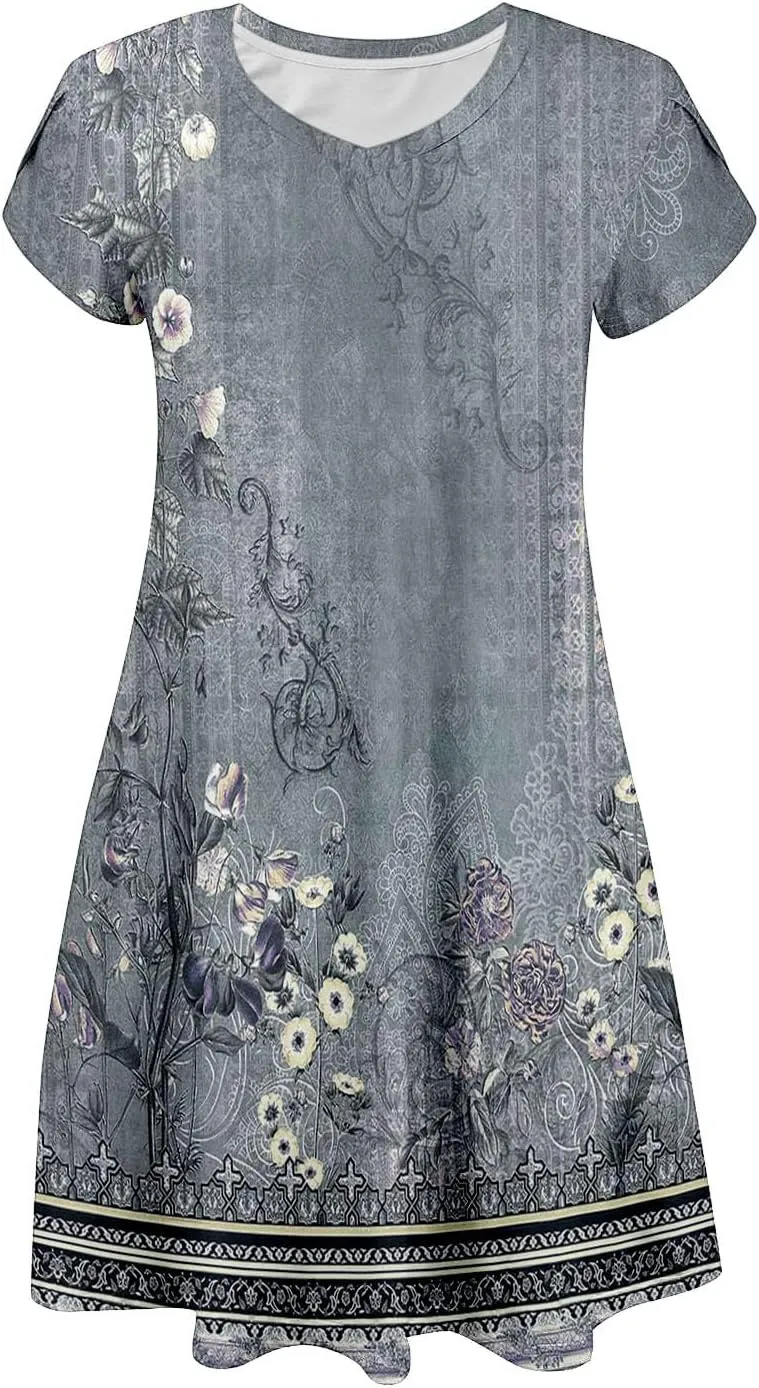 Women's Summer Floral Dresses 2025 Short Sleeve Beach Sundress Crew Neck Casual Flowy A-Line Dresses with Pocket