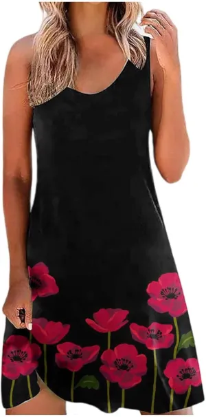 Women's Summer Floral Printed Tank Dress Sleeveless Hollow Out Boho Beach Dress Casual Loose Vacation Sundress