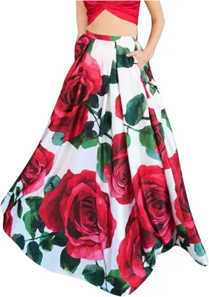 Womens Summer Maxi Skirts High Waist Pleated A-Line Skirts Floral Flowy Swing Long Beach Skirt Dress with Pockets