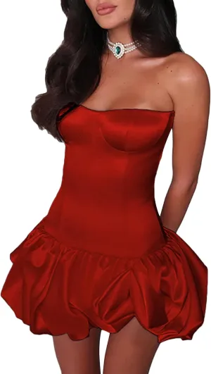 Women's Summer Strapless Bubble Mini Dress Ruched Ruffle Flowy A Line Dress Tube Top Dresses Party Clubwear