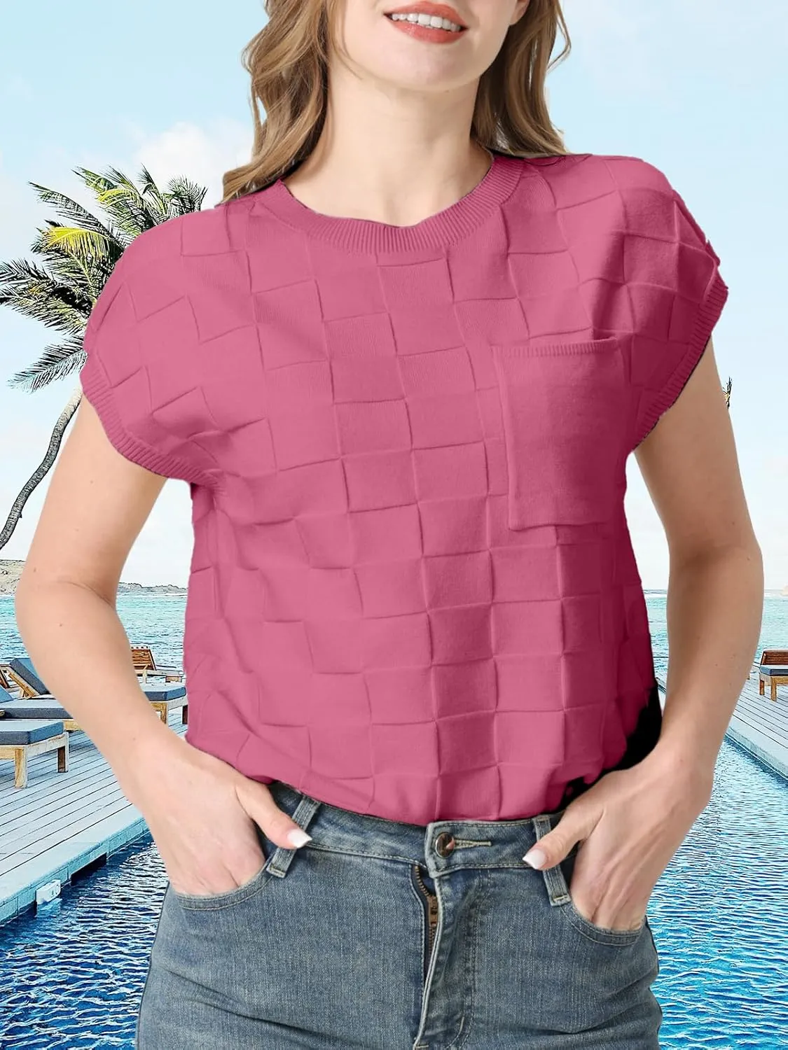 Womens Summer Trendy Shirts Tops 2025 Cap Short Sleeve Sweater Vest Crewneck Checkered Pocket Lightweight Tee Outfits