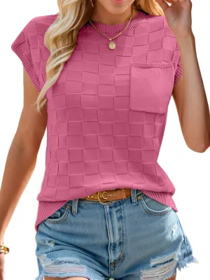 Womens Summer Trendy Shirts Tops 2025 Cap Short Sleeve Sweater Vest Crewneck Checkered Pocket Lightweight Tee Outfits