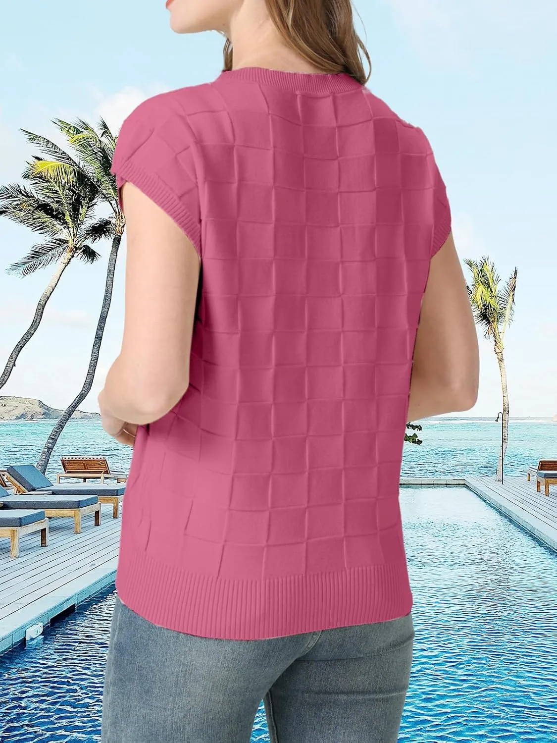 Womens Summer Trendy Shirts Tops 2025 Cap Short Sleeve Sweater Vest Crewneck Checkered Pocket Lightweight Tee Outfits