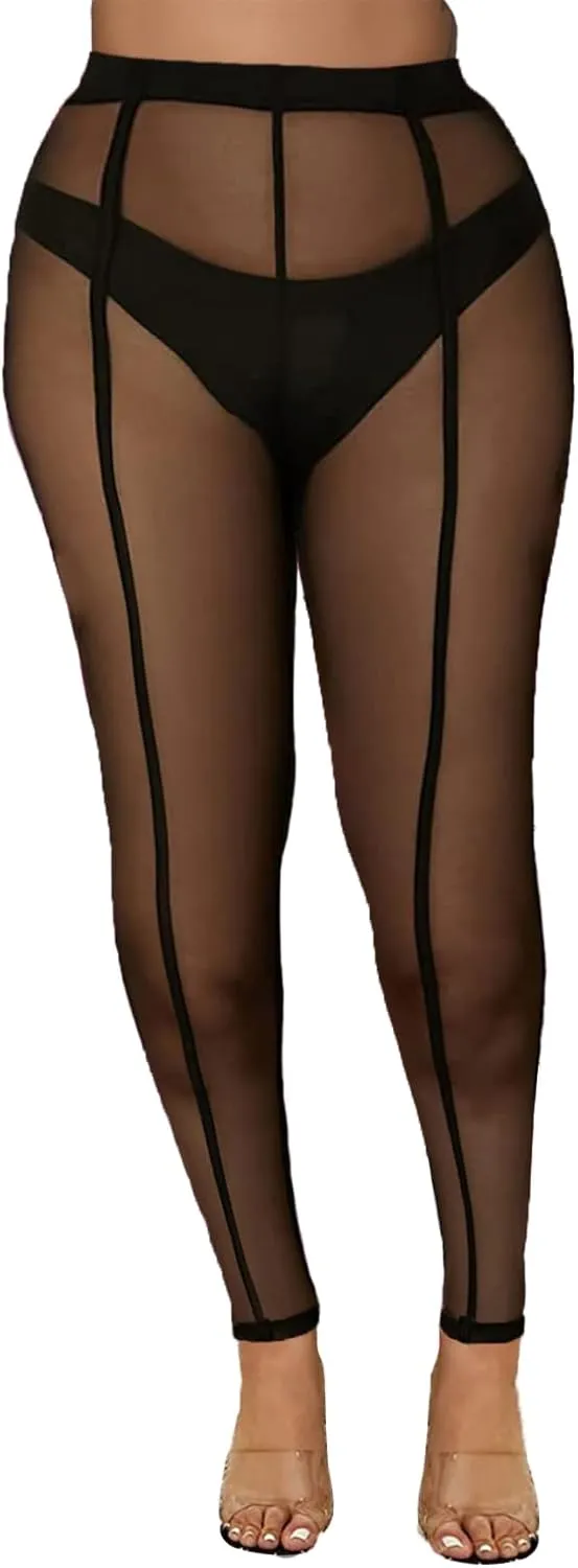Women's Tie Dye Mesh Legging - High Waist Sheer Pantihose Long Pants Stretchy Tights Clubwear Closed Toe