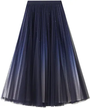 Women's Tulle Skirt Gradient Color Ruffles Pleated Midi Skirts Elastic Waist Maxi Skirt