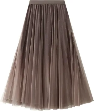 Women's Tulle Skirt Gradient Color Ruffles Pleated Midi Skirts Elastic Waist Maxi Skirt