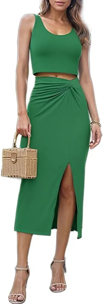 Women's Two Pieces Skirt with Crop Tank Slit Twist Skirt Set Bodycon Dress Crop Top and Draped Ruched Maxi Skirts