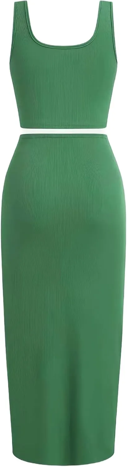 Women's Two Pieces Skirt with Crop Tank Slit Twist Skirt Set Bodycon Dress Crop Top and Draped Ruched Maxi Skirts