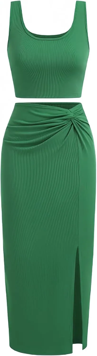 Women's Two Pieces Skirt with Crop Tank Slit Twist Skirt Set Bodycon Dress Crop Top and Draped Ruched Maxi Skirts