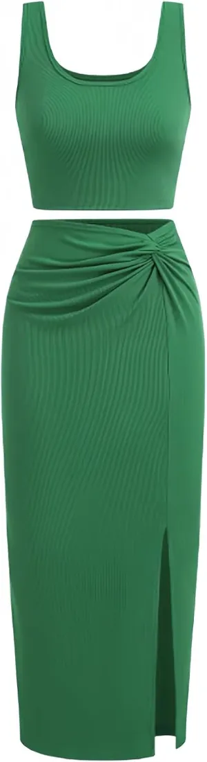Women's Two Pieces Skirt with Crop Tank Slit Twist Skirt Set Bodycon Dress Crop Top and Draped Ruched Maxi Skirts