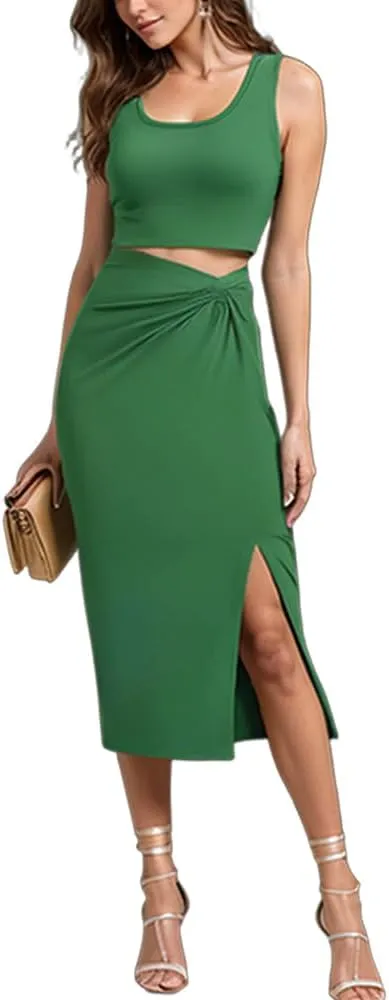 Women's Two Pieces Skirt with Crop Tank Slit Twist Skirt Set Bodycon Dress Crop Top and Draped Ruched Maxi Skirts