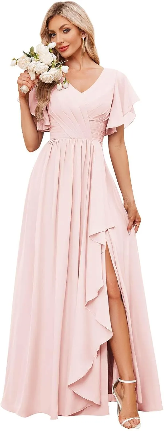 Women's V Neck Chiffon Bridesmaid Dresses for Wedding Short Sleeve Long Formal Dress Party Gowns with Slit