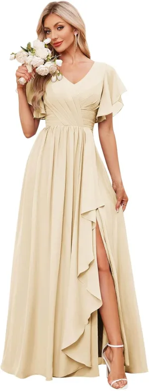 Women's V Neck Chiffon Bridesmaid Dresses for Wedding Short Sleeve Long Formal Dress Party Gowns with Slit