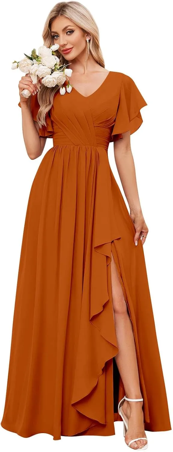 Women's V Neck Chiffon Bridesmaid Dresses for Wedding Short Sleeve Long Formal Dress Party Gowns with Slit
