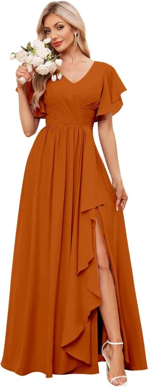 Women's V Neck Chiffon Bridesmaid Dresses for Wedding Short Sleeve Long Formal Dress Party Gowns with Slit