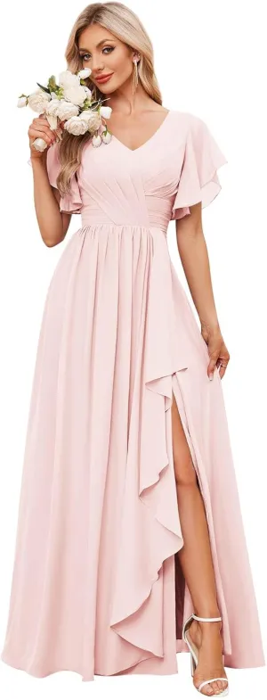 Women's V Neck Chiffon Bridesmaid Dresses for Wedding Short Sleeve Long Formal Dress Party Gowns with Slit