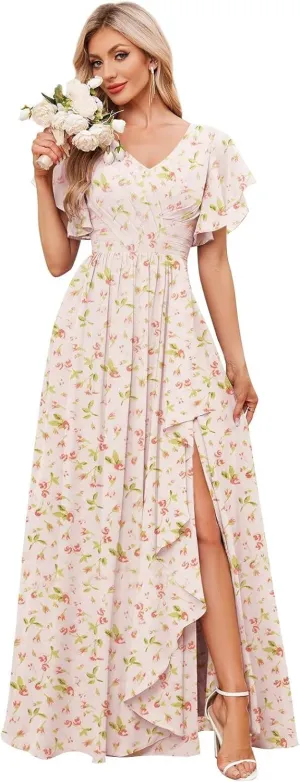 Women's V Neck Chiffon Bridesmaid Dresses for Wedding Short Sleeve Long Formal Dress Party Gowns with Slit