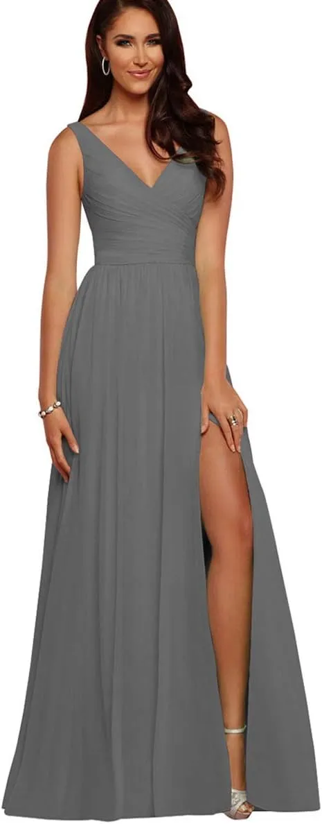 Women's V Neck Long Chiffon Split Evening Prom Gowns 12 Grey