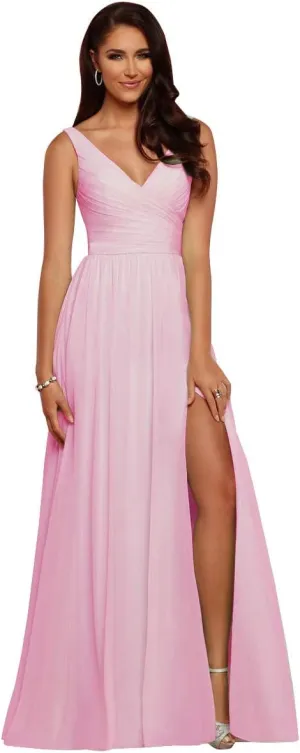 Women's V Neck Long Chiffon Split Evening Prom Gowns 12 Pink