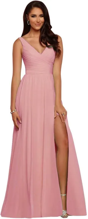 Women's V Neck Long Chiffon Split Evening Prom Gowns 16 Blush