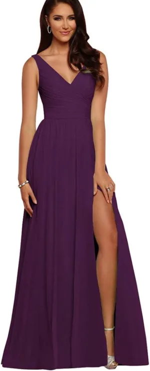 Women's V Neck Long Chiffon Split Evening Prom Gowns 6 Grape