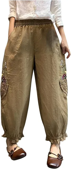 Women's Vintage Boho Capri Pants Ruffle Hem Embroidered Cotton Linen Pants Elastic Waist Summer Cropped Trousers