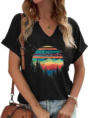 Womens Vintage Flowers V Neck Shirt Boho Floral Wildflowers Graphic Tee Casual Graphic Tees Tops for Girl