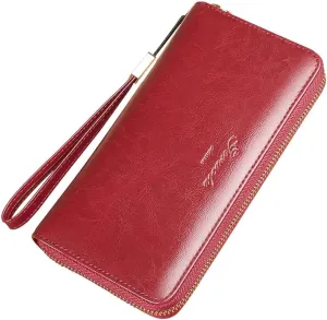 Womens Wallet Genuine Leather RFID Blocking Wristlet Long Purse, Large Capacity Clutch Zip Card Holder, Birthday Gift for Mom Wife Ladies (Wine Red)