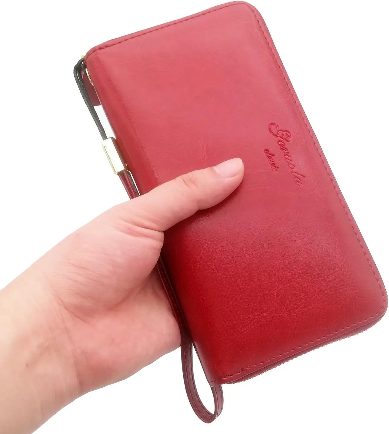 Womens Wallet Genuine Leather RFID Blocking Wristlet Long Purse, Large Capacity Clutch Zip Card Holder, Birthday Gift for Mom Wife Ladies (Wine Red)