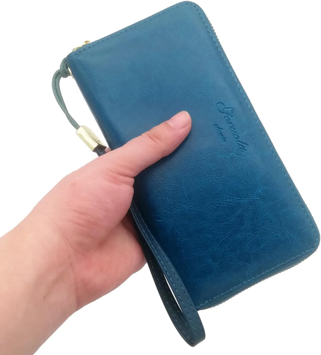 Womens Wallet Genuine Leather RFID Blocking Wristlet Long Purse, Large Capacity Clutch Zip Card Holder, Gift for Mom Wife Aunt Ladies (Retro Blue)