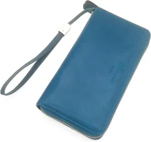 Womens Wallet Genuine Leather RFID Blocking Wristlet Long Purse, Large Capacity Clutch Zip Card Holder, Gift for Mom Wife Aunt Ladies (Retro Blue)