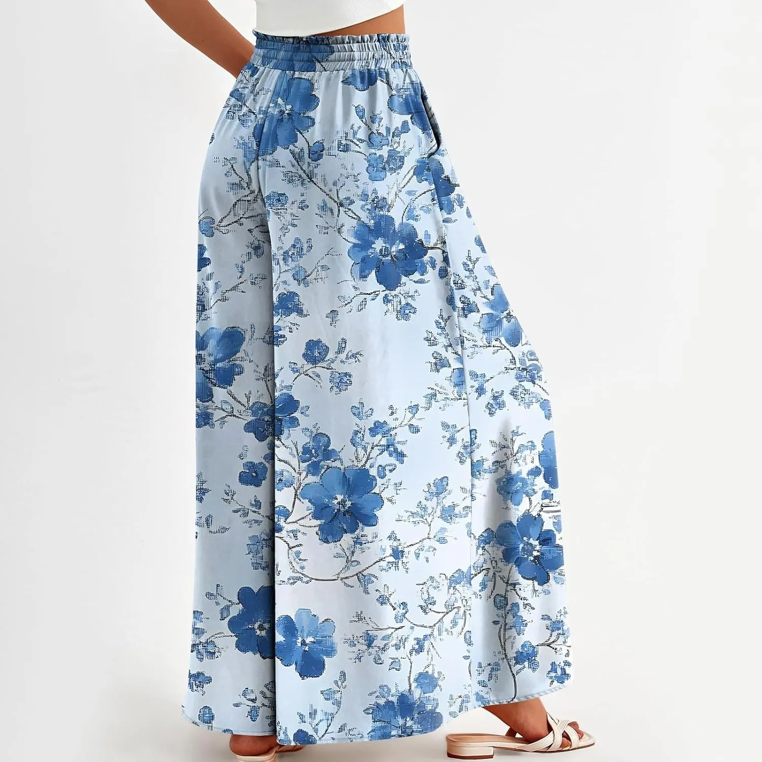 Womens Wide Leg Boho Pants Floral Solid Flowy Pants Lounge Beach with Pocket Resort Wear for Women 2025 Trendy