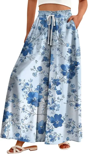 Womens Wide Leg Boho Pants Floral Solid Flowy Pants Lounge Beach with Pocket Resort Wear for Women 2025 Trendy