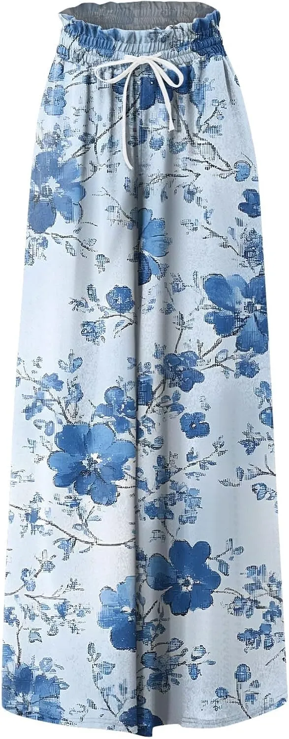 Womens Wide Leg Boho Pants Floral Solid Flowy Pants Lounge Beach with Pocket Resort Wear for Women 2025 Trendy