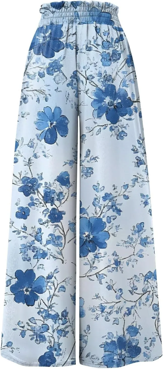 Womens Wide Leg Boho Pants Floral Solid Flowy Pants Lounge Beach with Pocket Resort Wear for Women 2025 Trendy