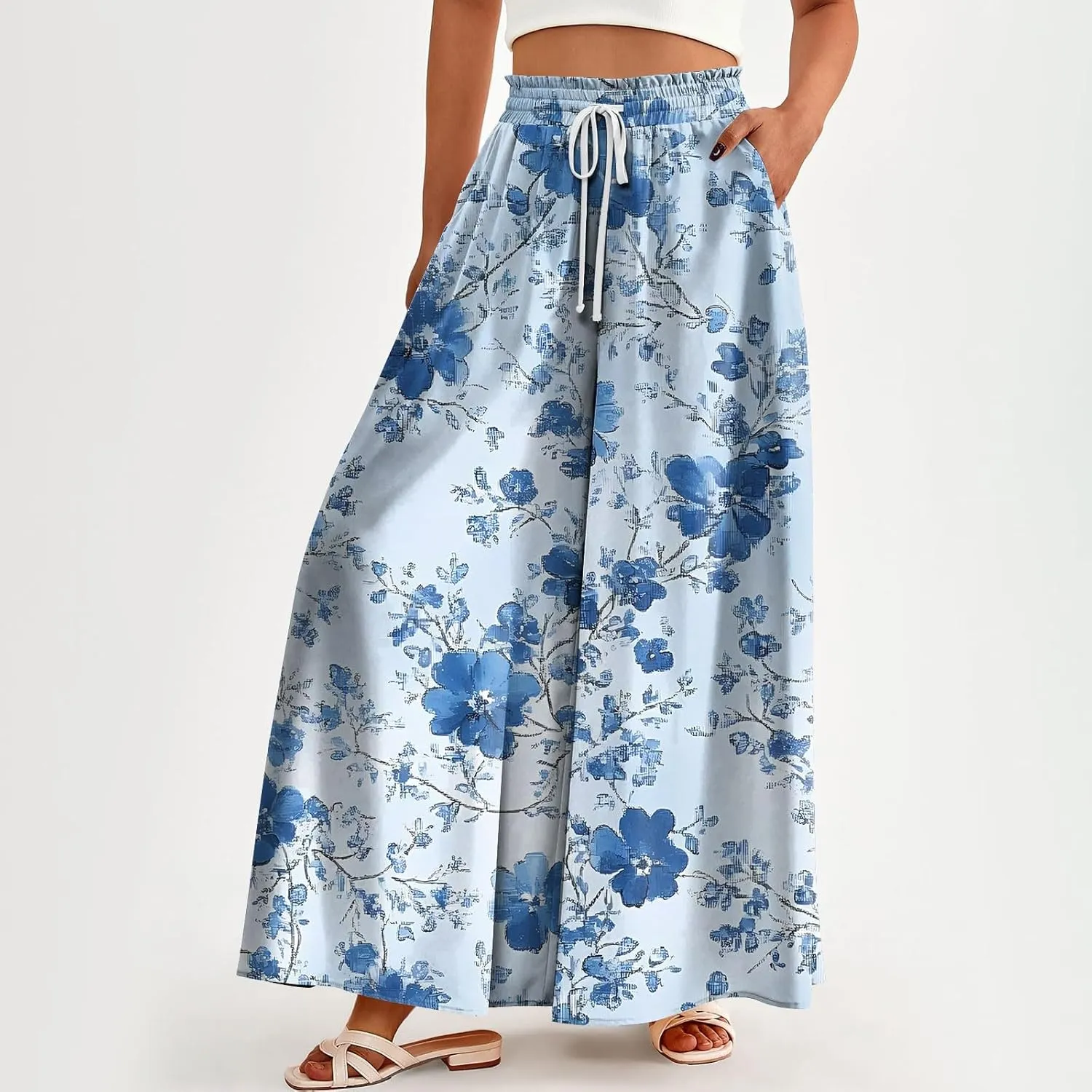 Womens Wide Leg Boho Pants Floral Solid Flowy Pants Lounge Beach with Pocket Resort Wear for Women 2025 Trendy