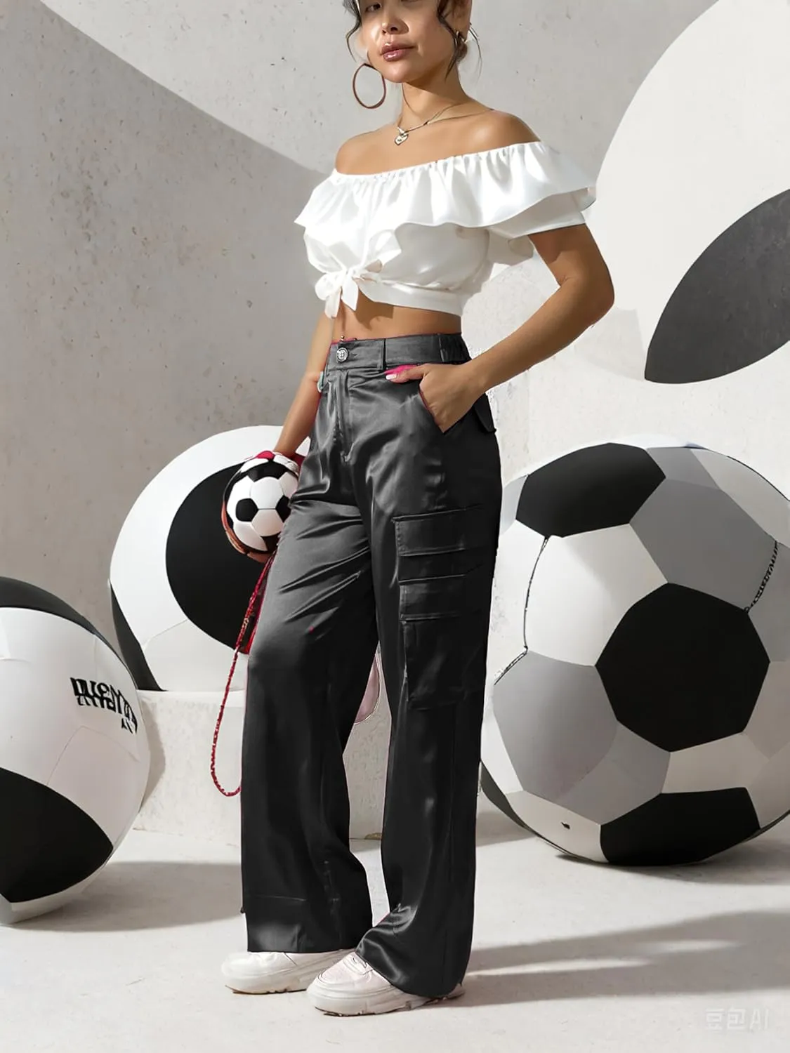 Women's Wide Leg Cargo Pants Satin Silky Casual High Waist Y2K Baggy Cargo Pants Combat Military Trouser