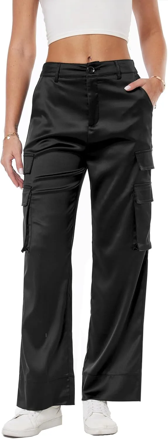 Women's Wide Leg Cargo Pants Satin Silky Casual High Waist Y2K Baggy Cargo Pants Combat Military Trouser